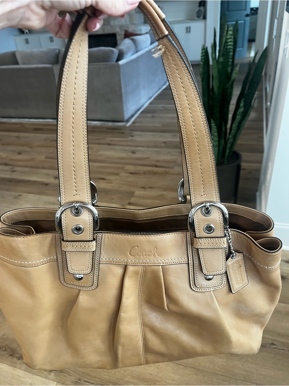 Coach F13763 Tan Leather Satchel Shoulder Bag Silver Hardware
